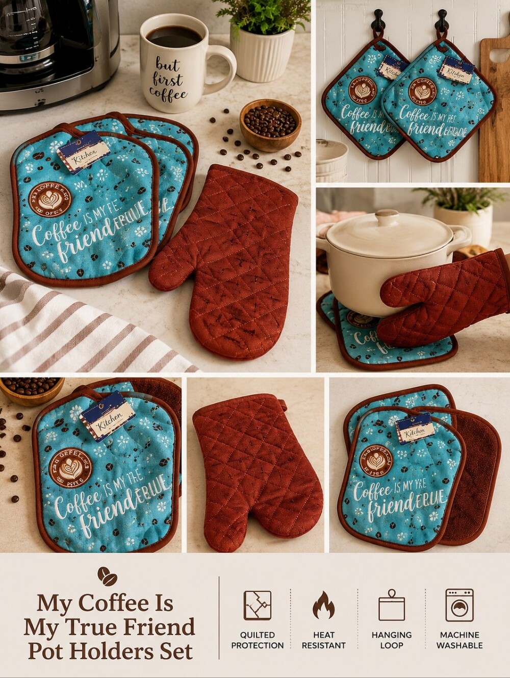 My Coffee‎ Is My True Friend Pot Holders & Oven Mitt Kitchen Set